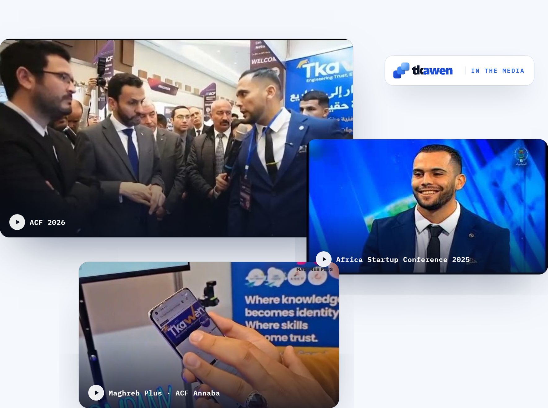 TKAWEN dans les médias — visite du ministre de l’Économie de la connaissance au stand TKAWEN à l’ACF 2026, Africa Startup Conference 2025, reportage Maghreb Plus à l’ACF Annaba